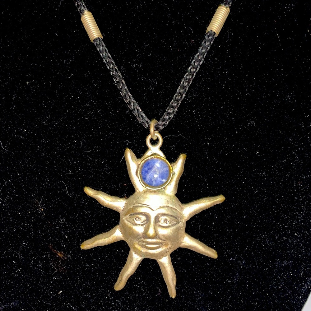 Free Shipping-Silver Metal Sun pendant necklace with lapis lazuli stone accent